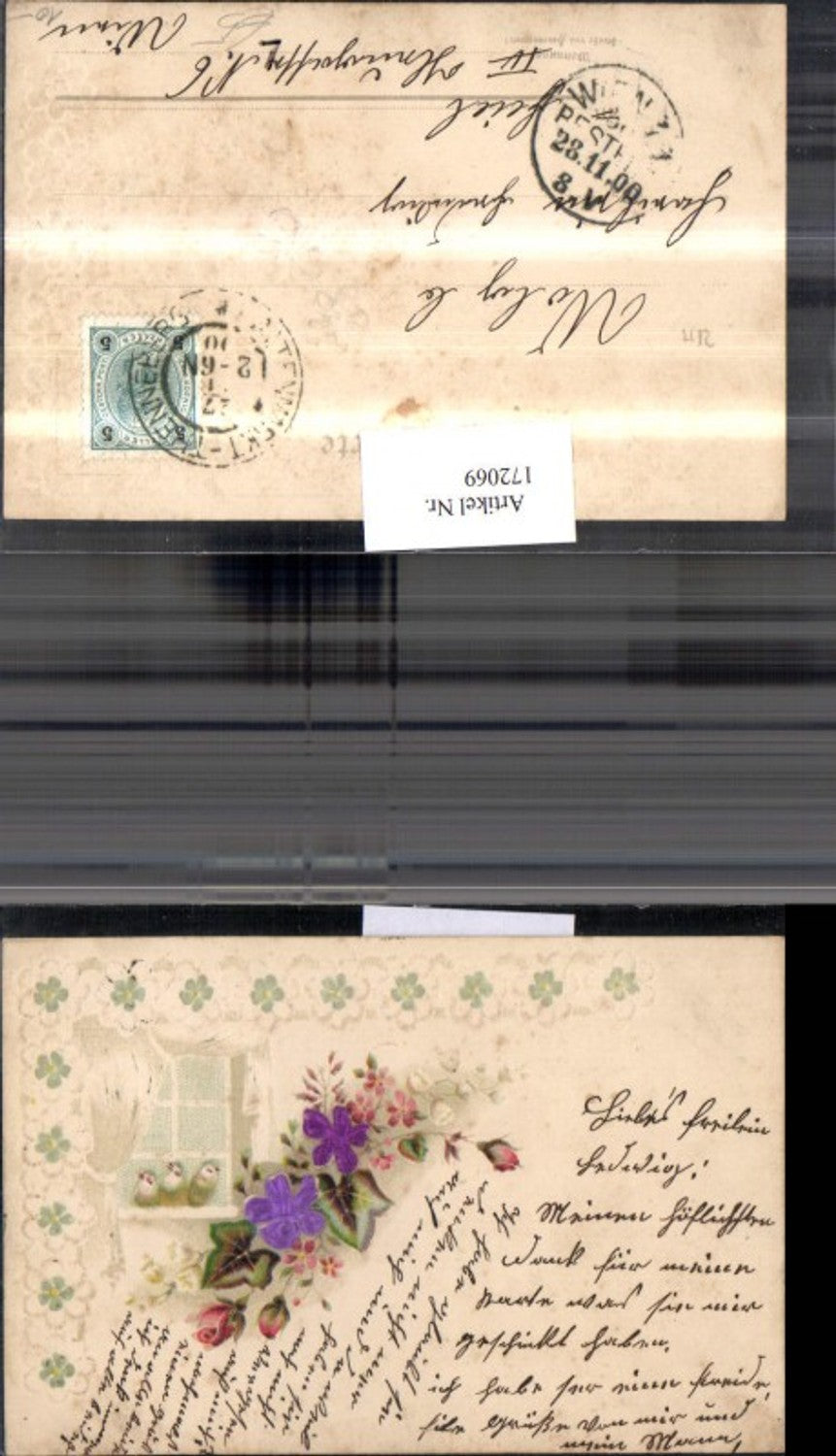 172069,Künstler Ak Präge Litho Blumen Fenster Vögel Vogel