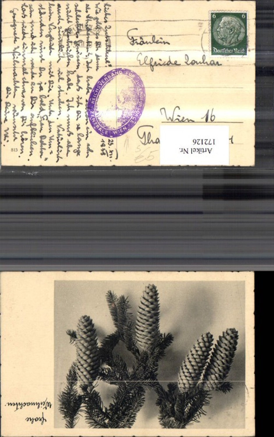 172126, Christmas pine cones fir branches Imperial Association for Youth Welfare Vienna stamp