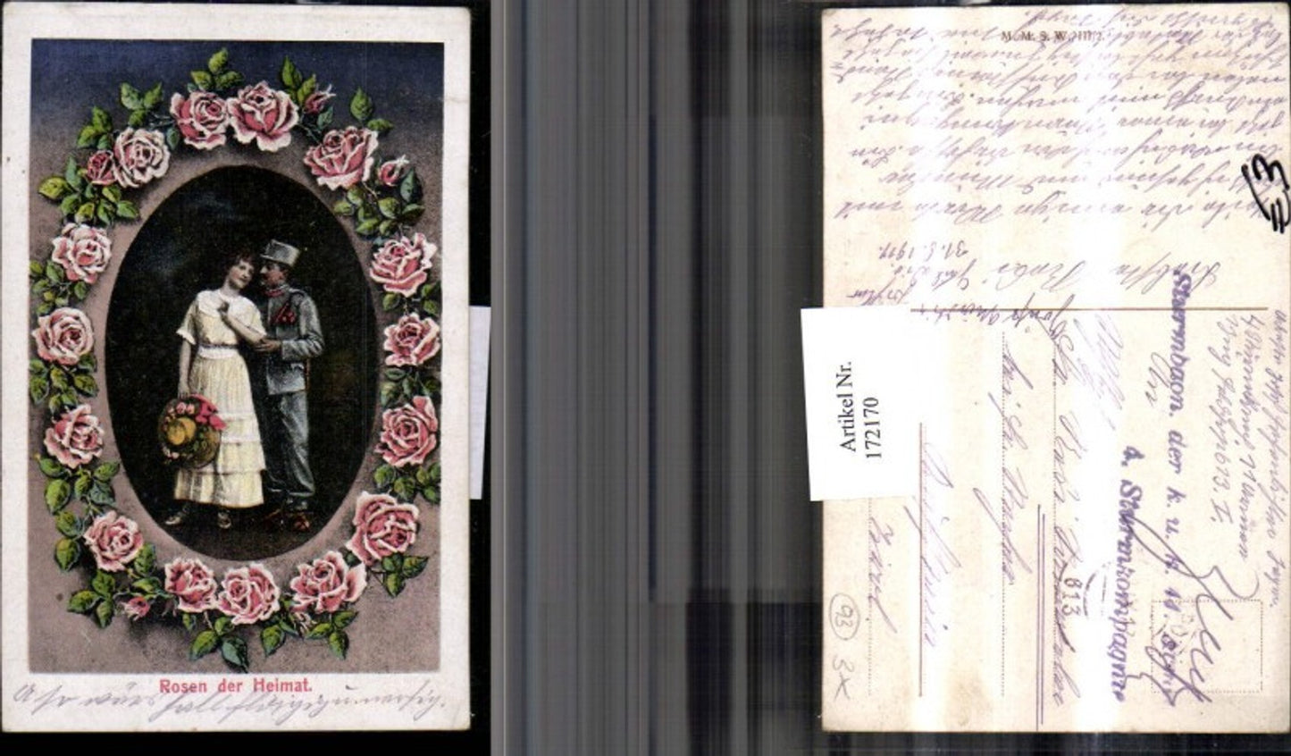 172170,Soldat und Frau mit Hut Rosen Verzierung
