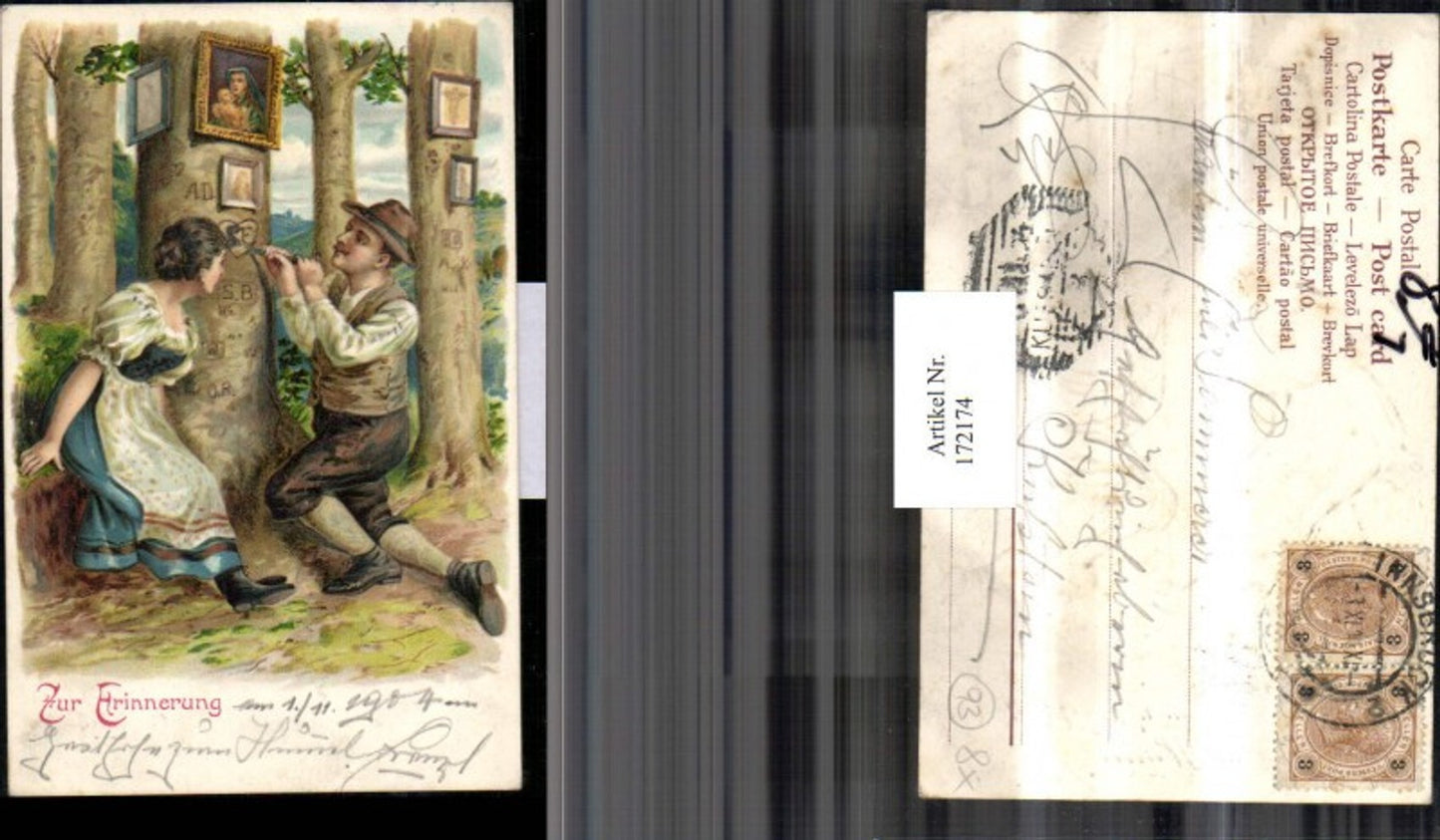 172174,Präge Litho Zur Erinnerung Mann ritzt etwas in Baum Frau mit Kleid