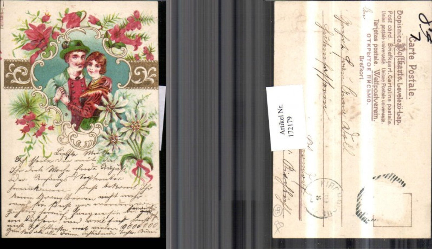 172179,Präge Litho Mann hält Frau im Arm Blumen Verzierung