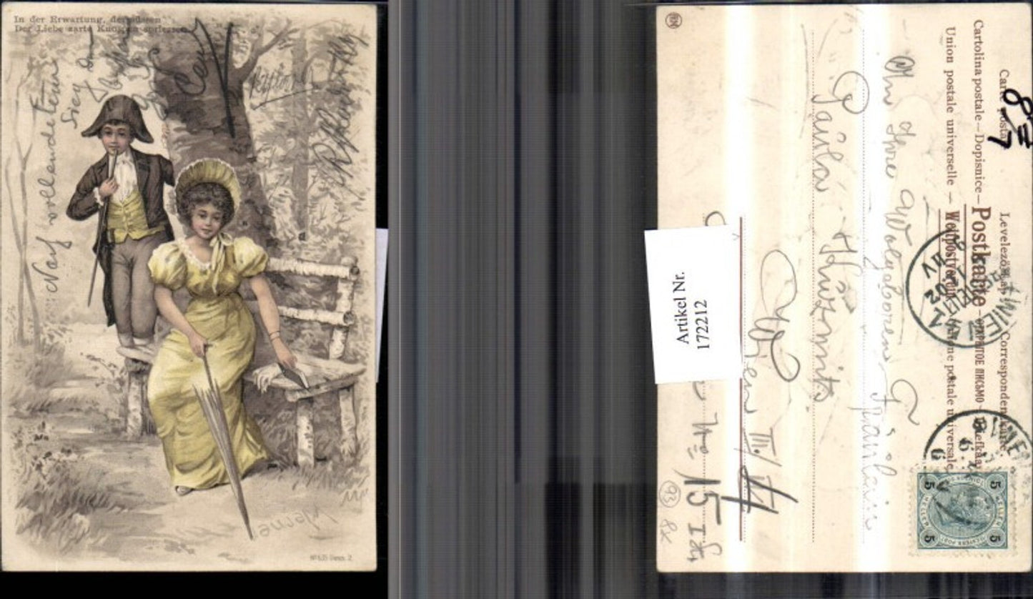 172212,Präge Litho Frau sitzt a. Bank Mann neben Baum