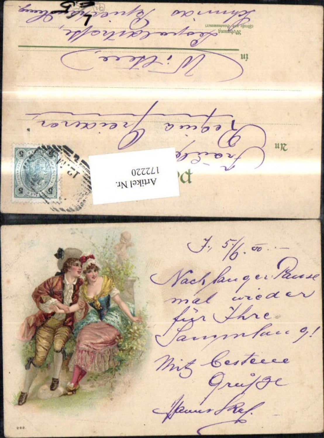172220,Litho Frau u. Mann sitzen b. Strauch