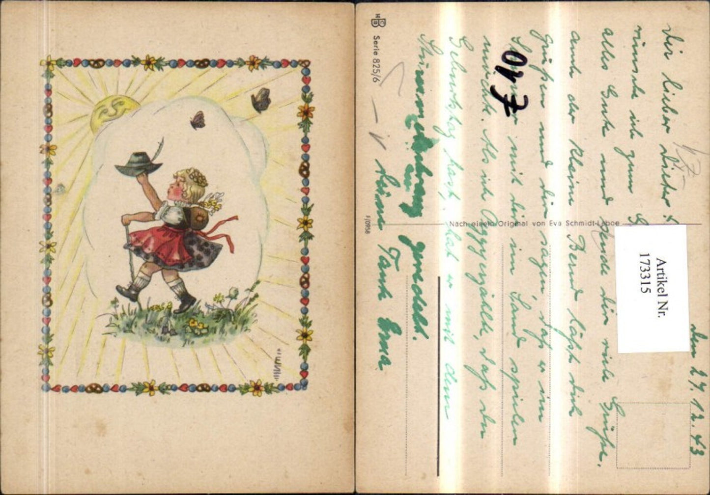 173315,Kinder Mädchen m. Wanderstock Hut Sonne m. Gesicht Schmetterling sign Eva Schmidt-Laboe