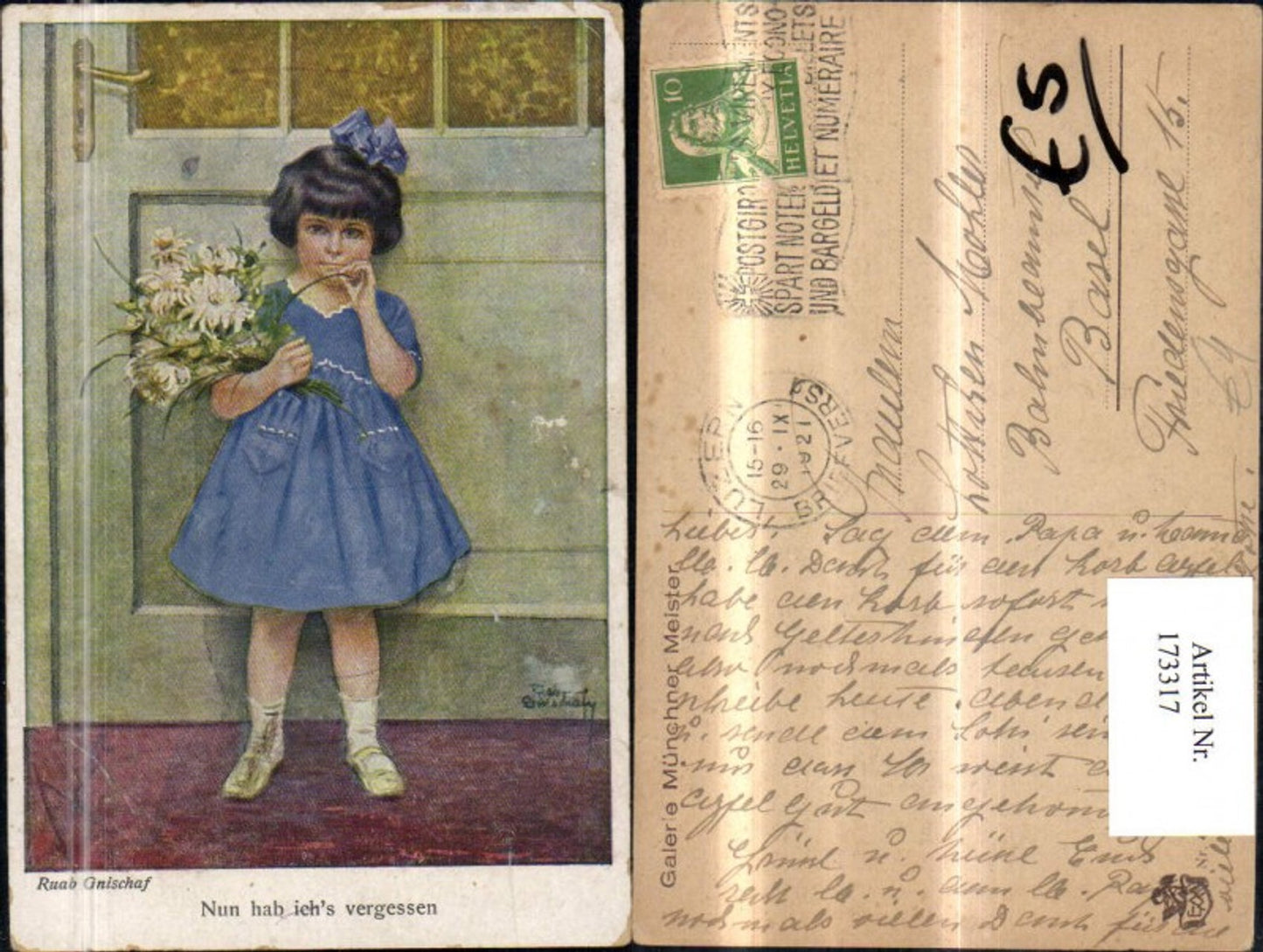 173317,Kinder Mädchen Blumenstrauß  Blumen Nun hab ichs vergessen sign Ruab Gnischaf