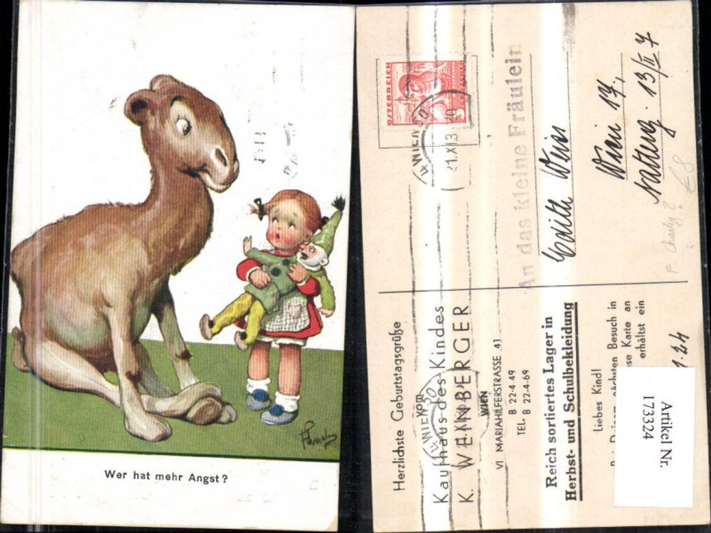 173324,Kinder Mädchen m. Kasperlpuppe Puppe u. Sitzendes Kamel Wer hat mehr Angst sign F. Charley