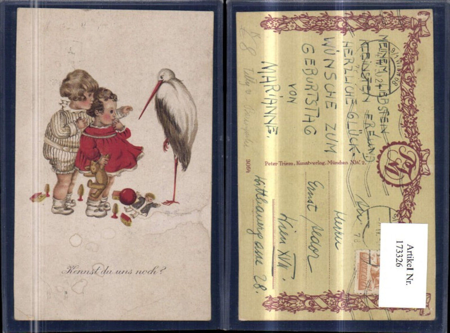 173326,Kinder Junge u. Mädchen m. Spielzeug Puppe u. Storch sign Tilly v. Baumgarten