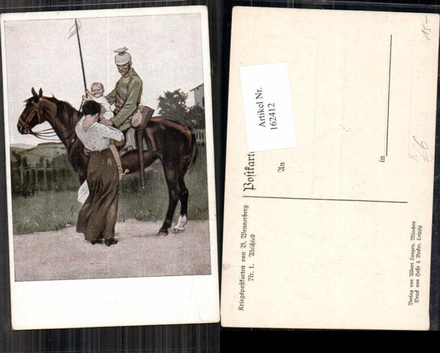 162412,Kriegerpostkarte B. Wennerberg Nr. 1 Abschied Soldat am Pferd