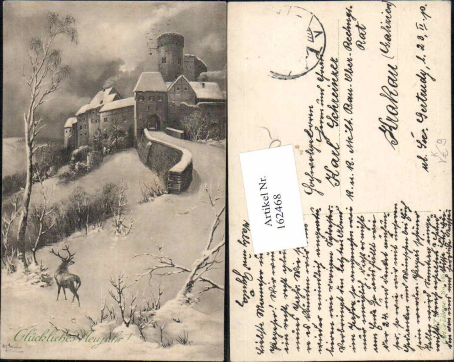 162468,Künstler AK Alfred Schönian Neujahr Reh Burg Festung Hirsch