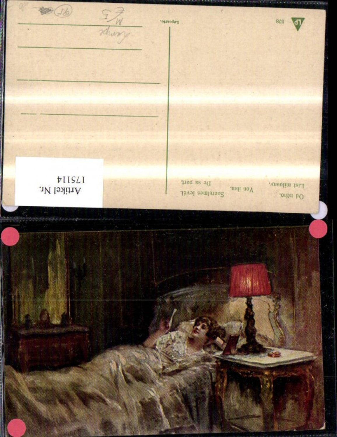 175114,Künstler Ak Von Ihm Fau m. Brief Bett Lampe