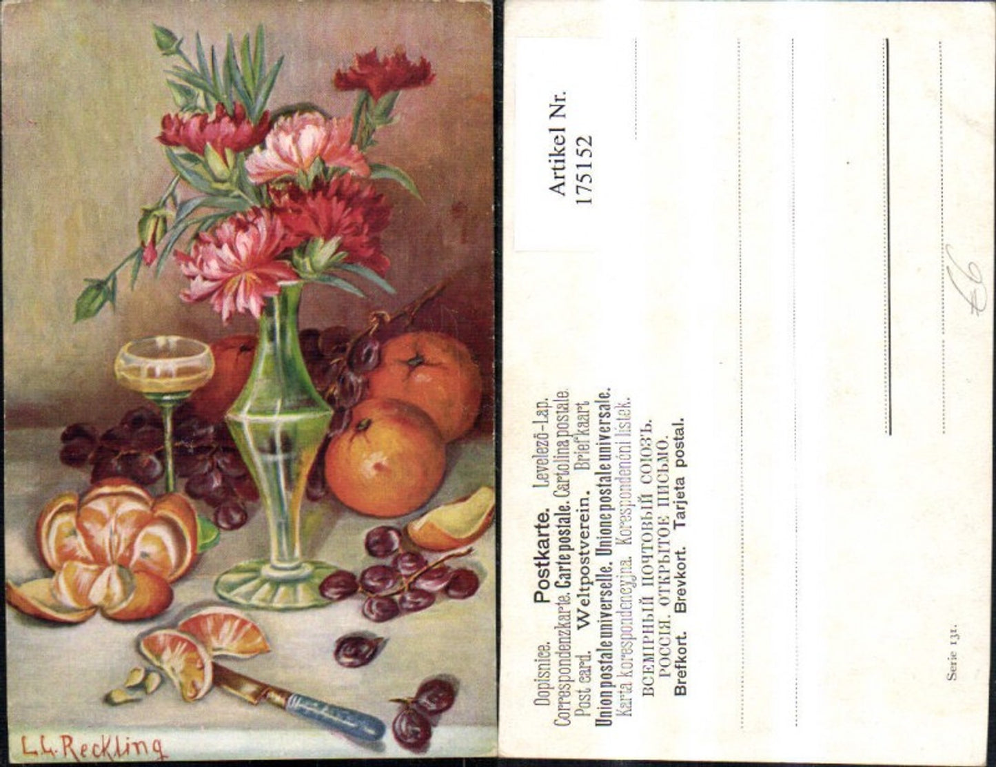 175152,Künstler Ak L. G. Reckling Stilleben Blumenvase Orange Weintrauben Glas Obst