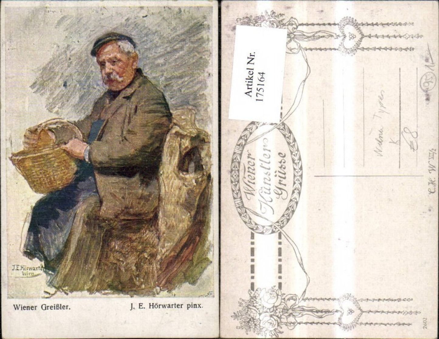 175164,Künstler Ak J. E. Hörwarter Wiener Greißler Alter Mann m. Korb Typen