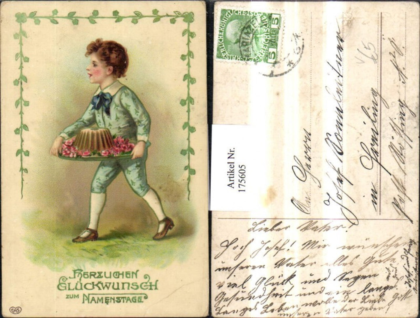 175605,Namenstag Präge AK Junge m. Kuchen Blumen pub EAS
