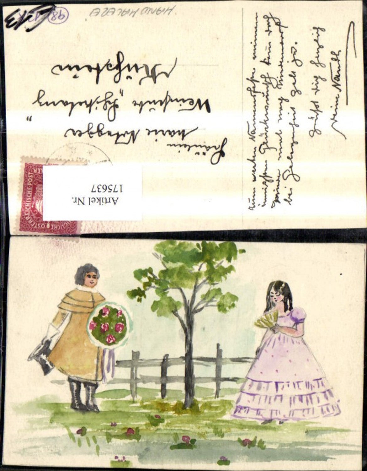 175637,Künstlerkarte Handgemalt Frau u. Mann m. Rosenstrauß m. Baum