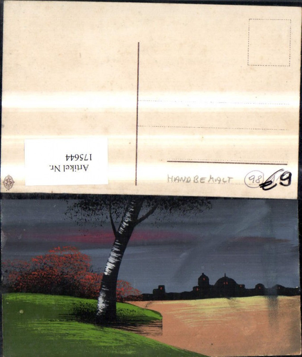 175644,Künstlerkarte Handgemalt Baum a. Wasser Stadt i. Hintergrund
