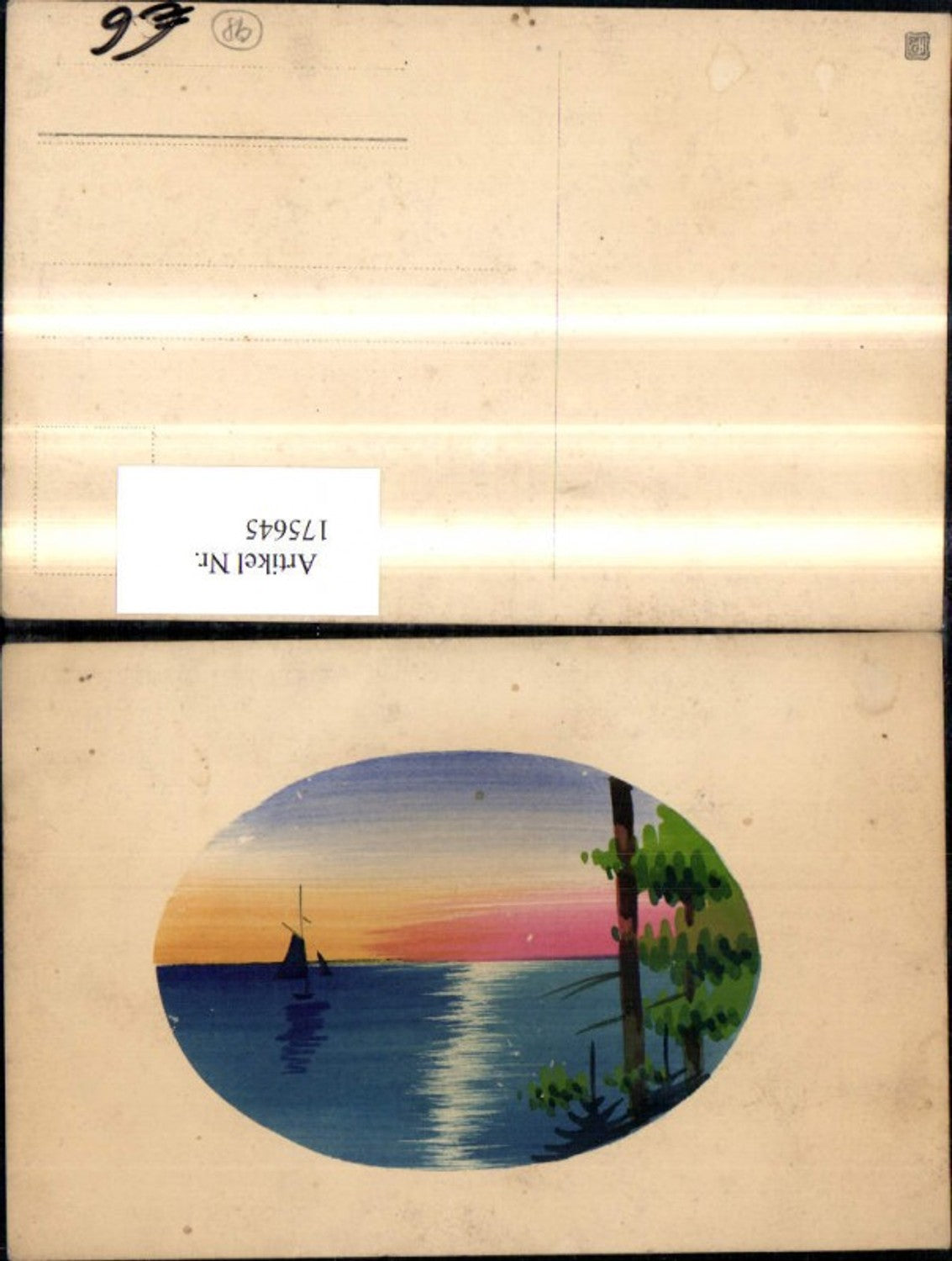 175645,Künstlerkarte Handgemalt Passepartout Segelboot v. Sonnenuntergang