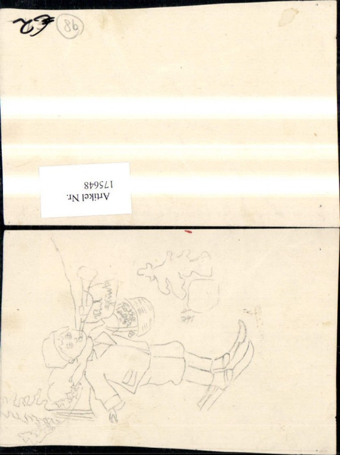 175648,Künstlerkarte Handgemalt Bleistiftzeichnung Junge a. Skiern m. Korb u. Trompete
