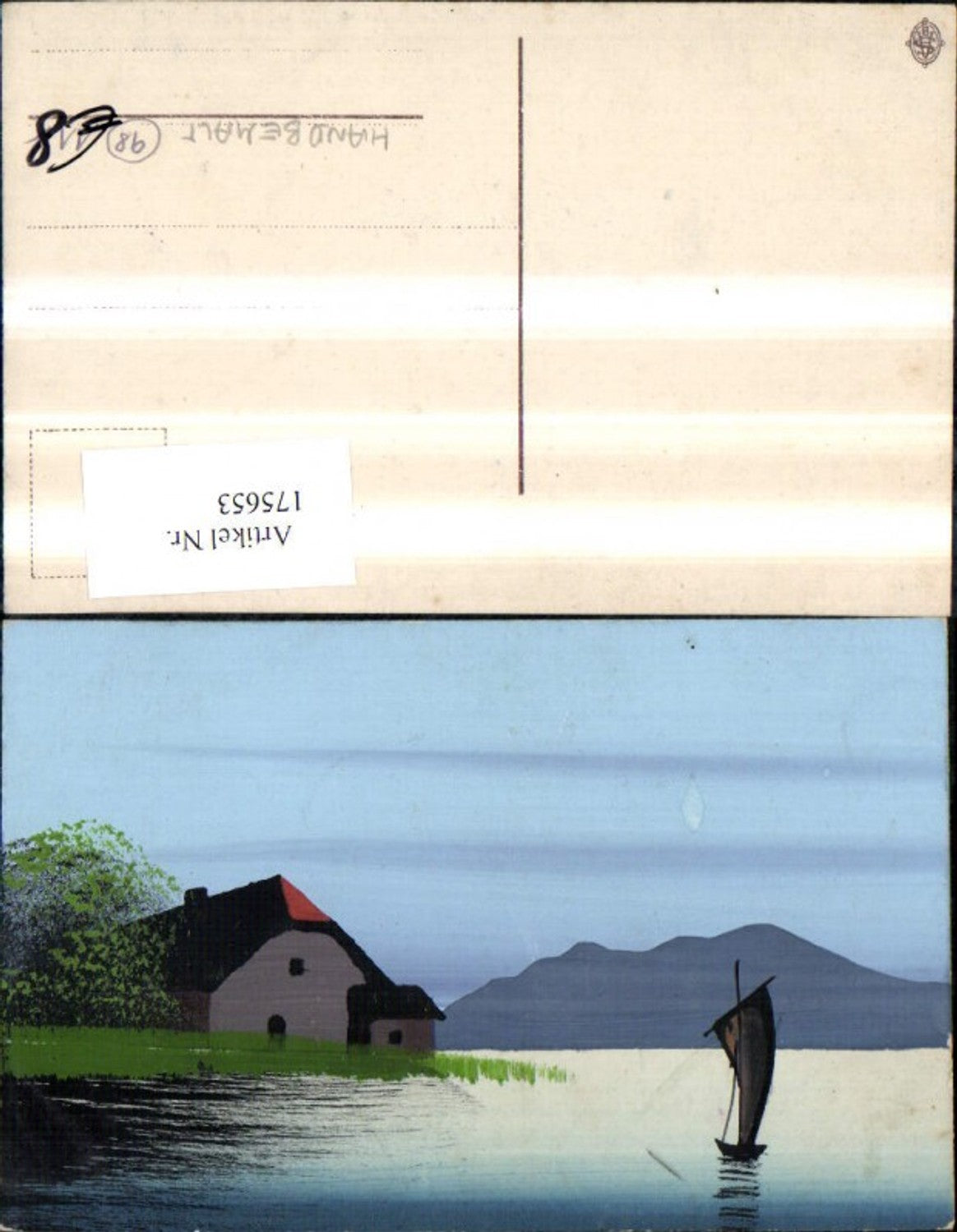 175653,Künstlerkarte Handgemalt Haus a. See m. Segelboot