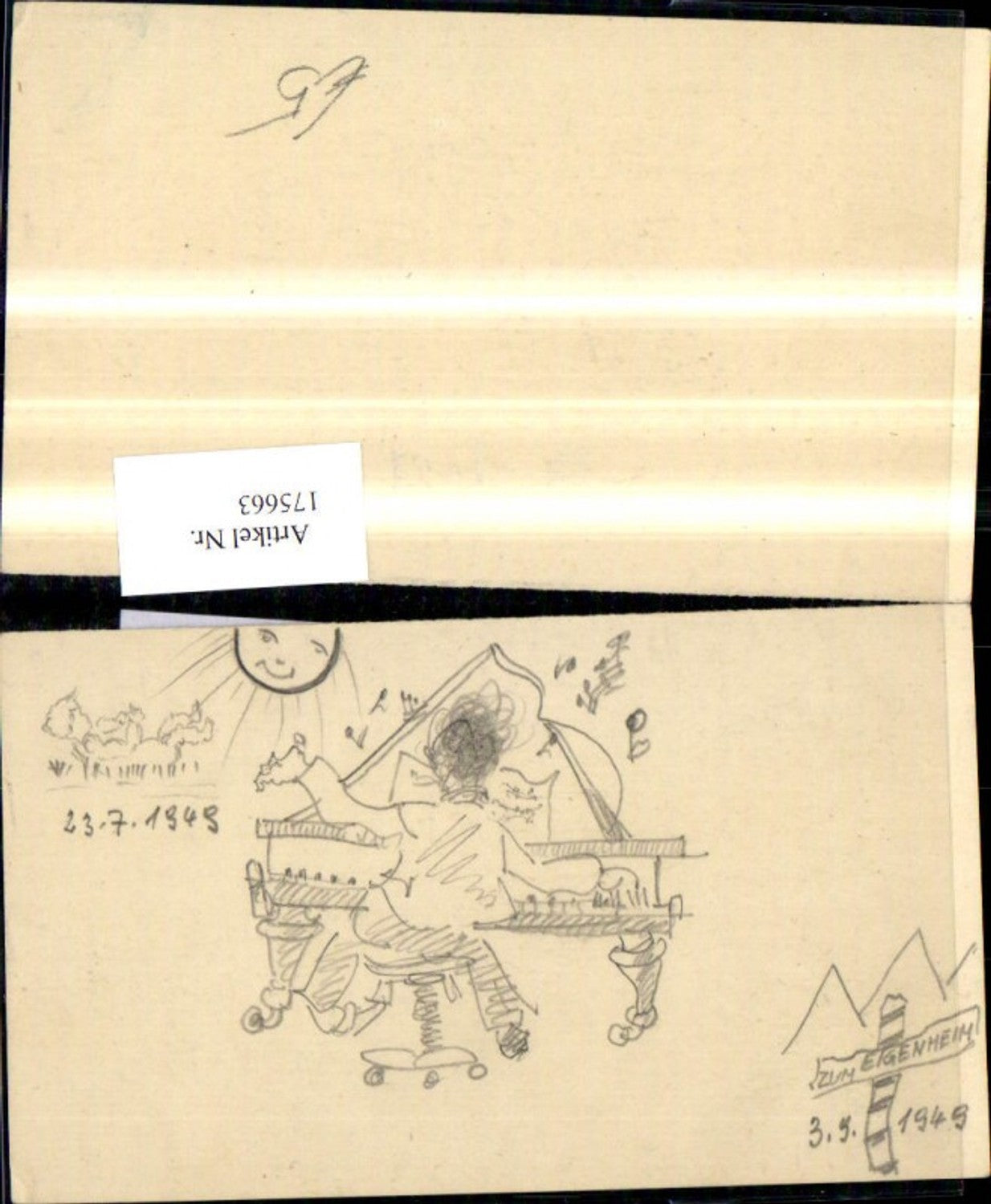 175663,Künstlerkarte Handgemalt Bleistift Mann a. Klavier Wegweiser Eigenheim Sonne