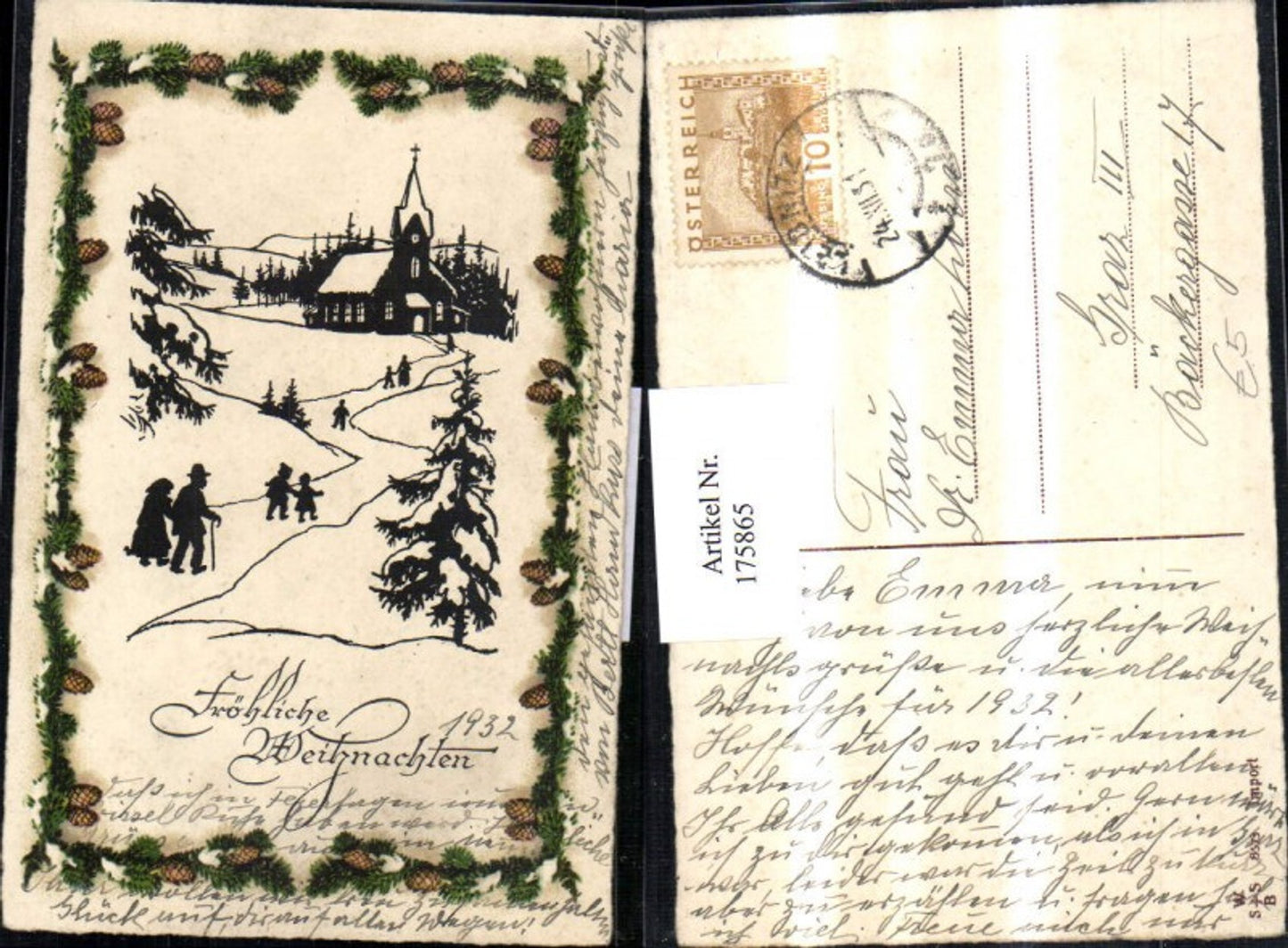 175865, Christmas Winter landscape Church People Fir branches Pine cones 1932