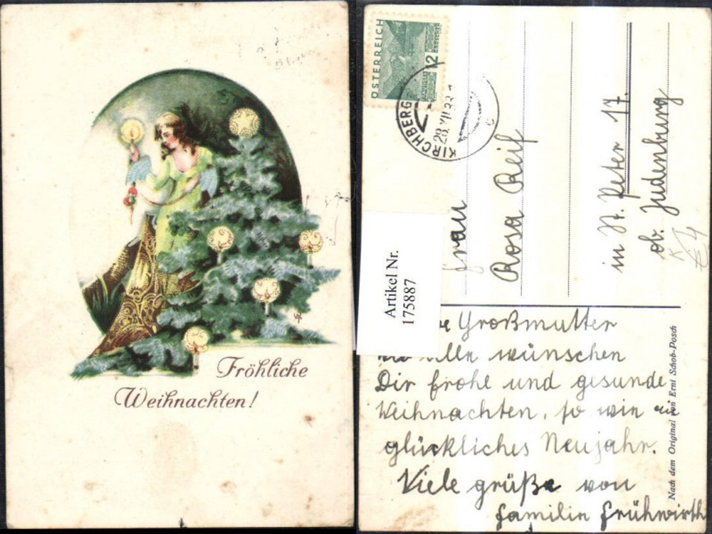 175887, Christmas artist AK Schob-Posch woman with dress candle Christmas tree