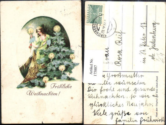 175887, Christmas artist AK Schob-Posch woman with dress candle Christmas tree