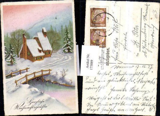 175889, Christmas Winter Landscape House Bridge