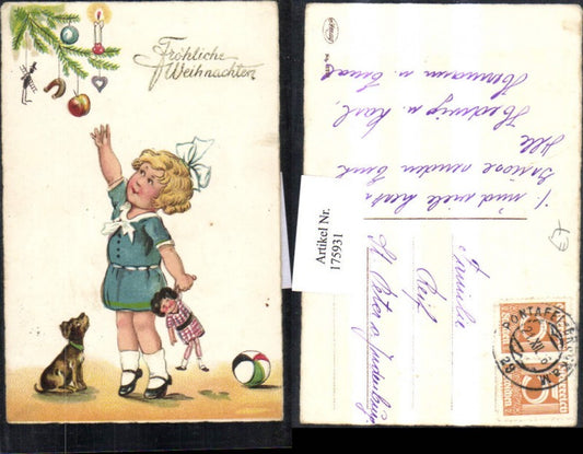 175931, Christmas girl with bow around dress, doll, dog, ball, fir branch, candle