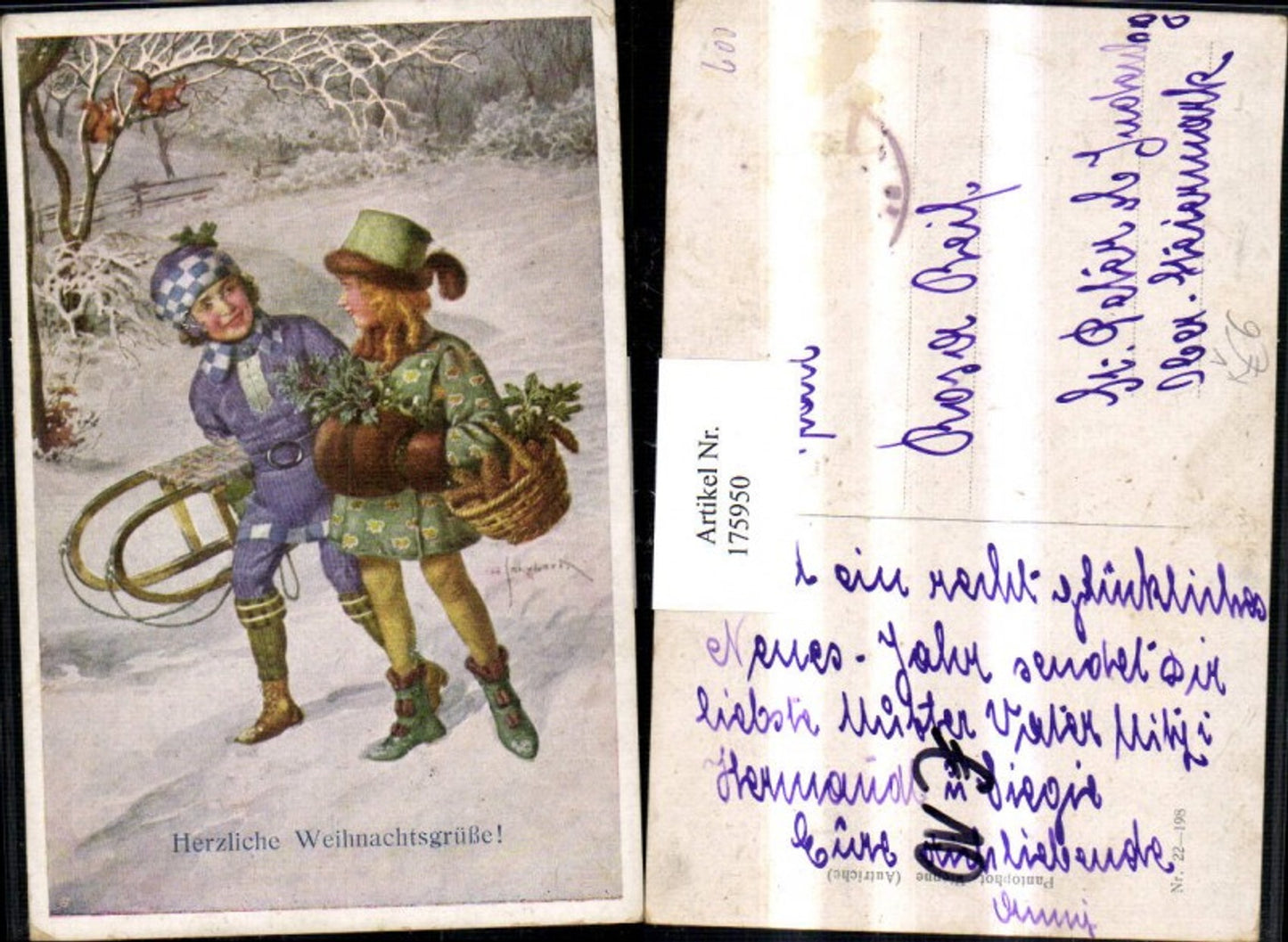 175950, Christmas artist AK H. Schuberth children with bonnets, sled, basket, pine cones pub Pantophot