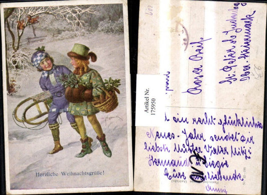 175950, Christmas artist AK H. Schuberth children with bonnets, sled, basket, pine cones pub Pantophot
