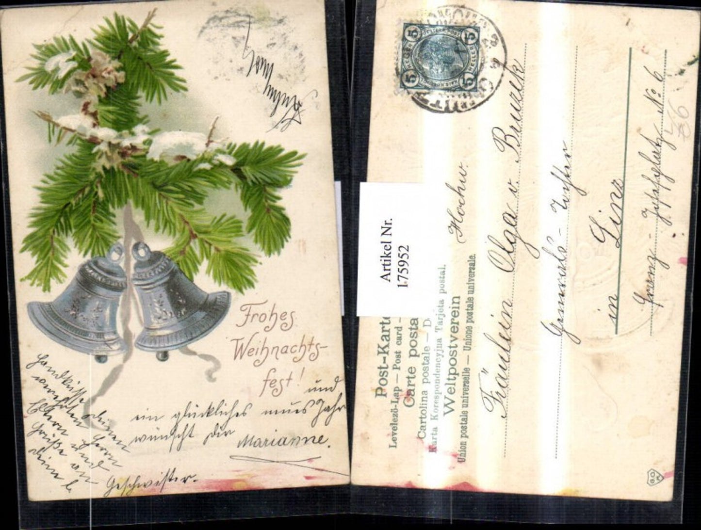 175952, Christmas Lithograph Embosser Postcard Fir Branches Bells