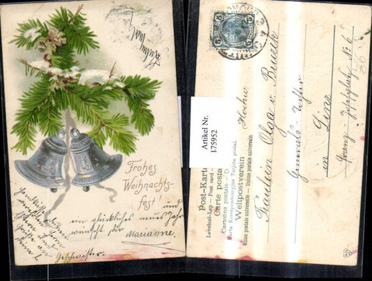 175952, Christmas Lithograph Embosser Postcard Fir Branches Bells