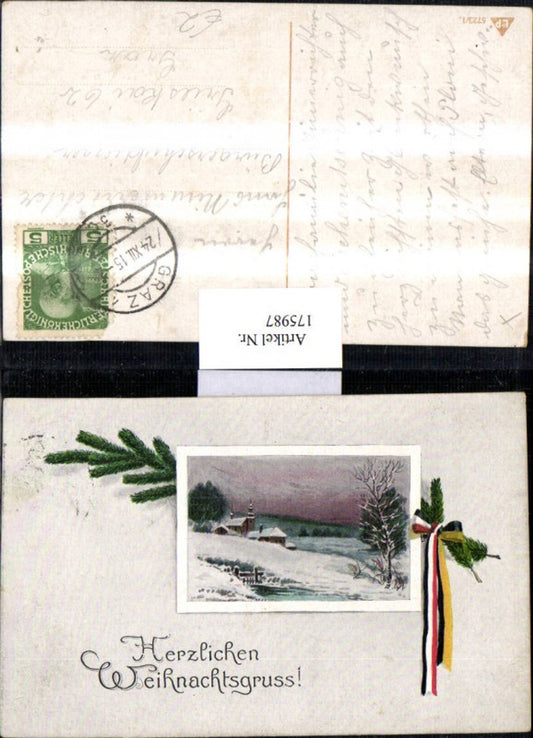 175987, Christmas Winter Landscape Fir Branch Bow Patriotic