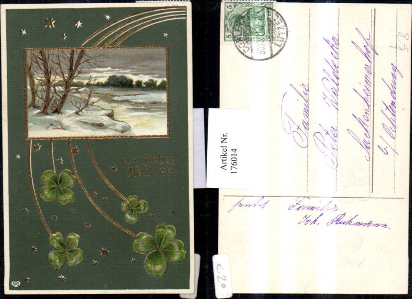 176014,Neujahr Litho Präge AK Golddruck Winterlandschaft Sterne Kleeblätter Klee pub EAS