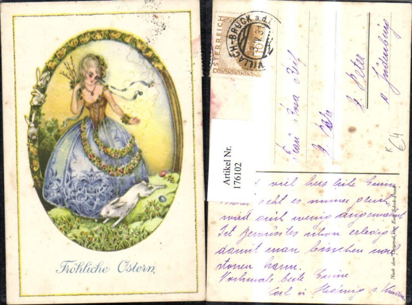 176102, Easter Artist AK Erni Schob Posch Woman with dress Rabbit Easter eggs Flowers Chick