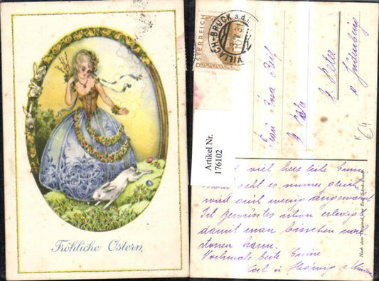176102,Ostern Künstler AK Erni Schob Posch Frau m. Kleid Hase Ostereier Blumen Küken