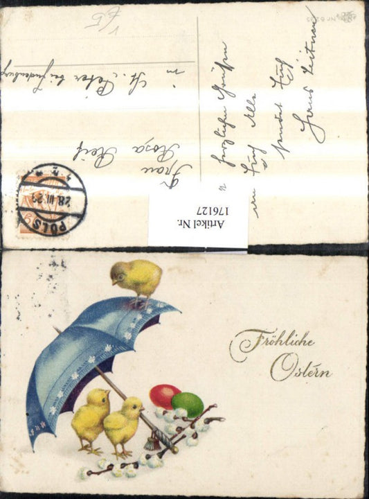 176127,Ostern Küken m. Schirm bunte Ostereier Palmzweig pub Erika 6235