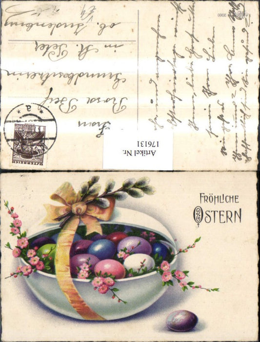 176131,Ostern bunte Ostereier im Ei Schleife Blumen Palmzweig pub Erika 2000