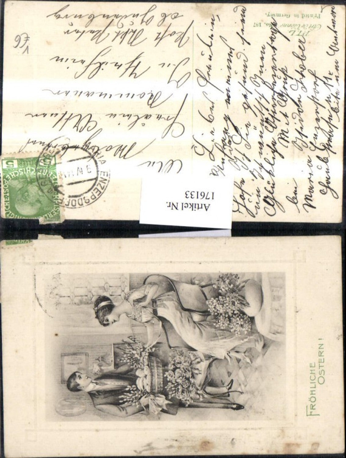 176133,Ostern Präge AK Frau u. Mann Palmzweige binden Rosen pub P.T.L.