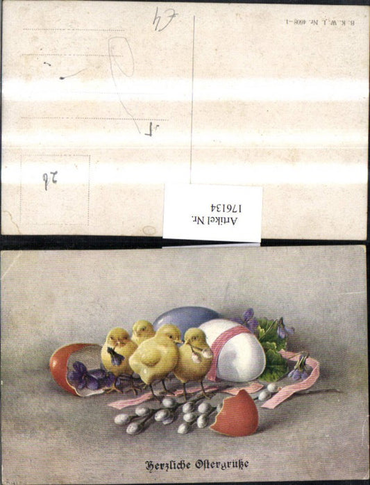 176134, Easter chicks Easter eggs palm branches ribbon violets