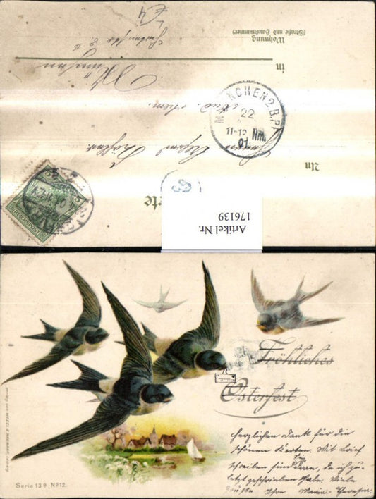 176139, Easter Lithograph AK Swallows Landscape