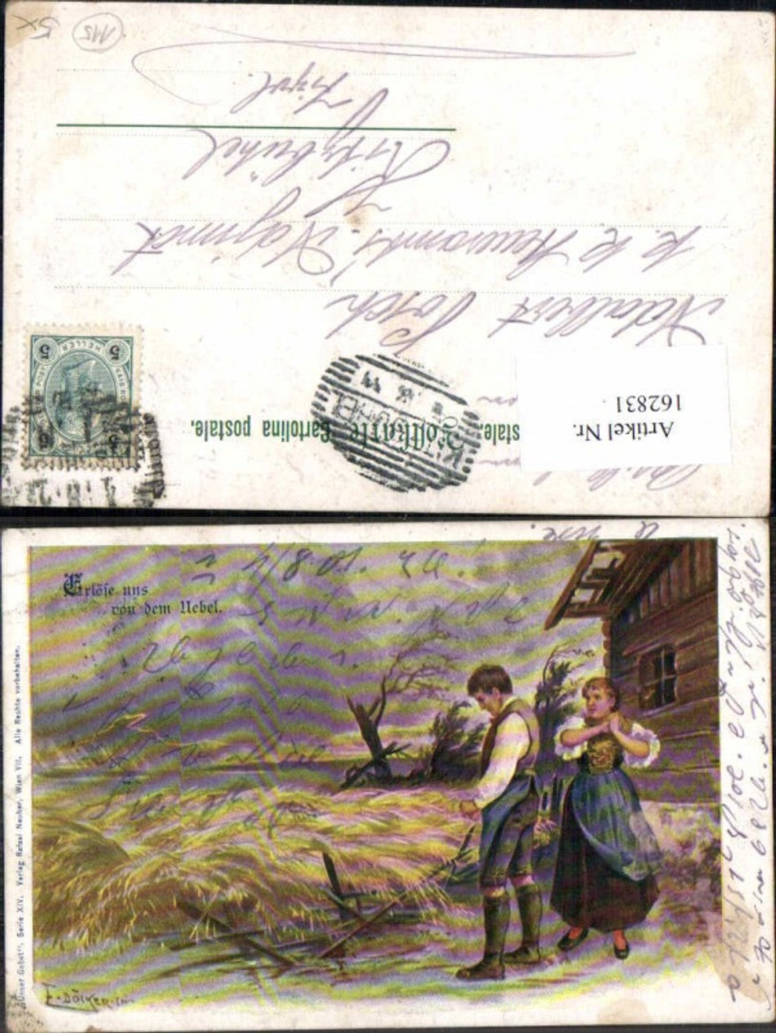 162831,Künstler AK E. Döcker jun. Erlöse uns v.d. Nebel Bauern Unser Gebet Serie 14