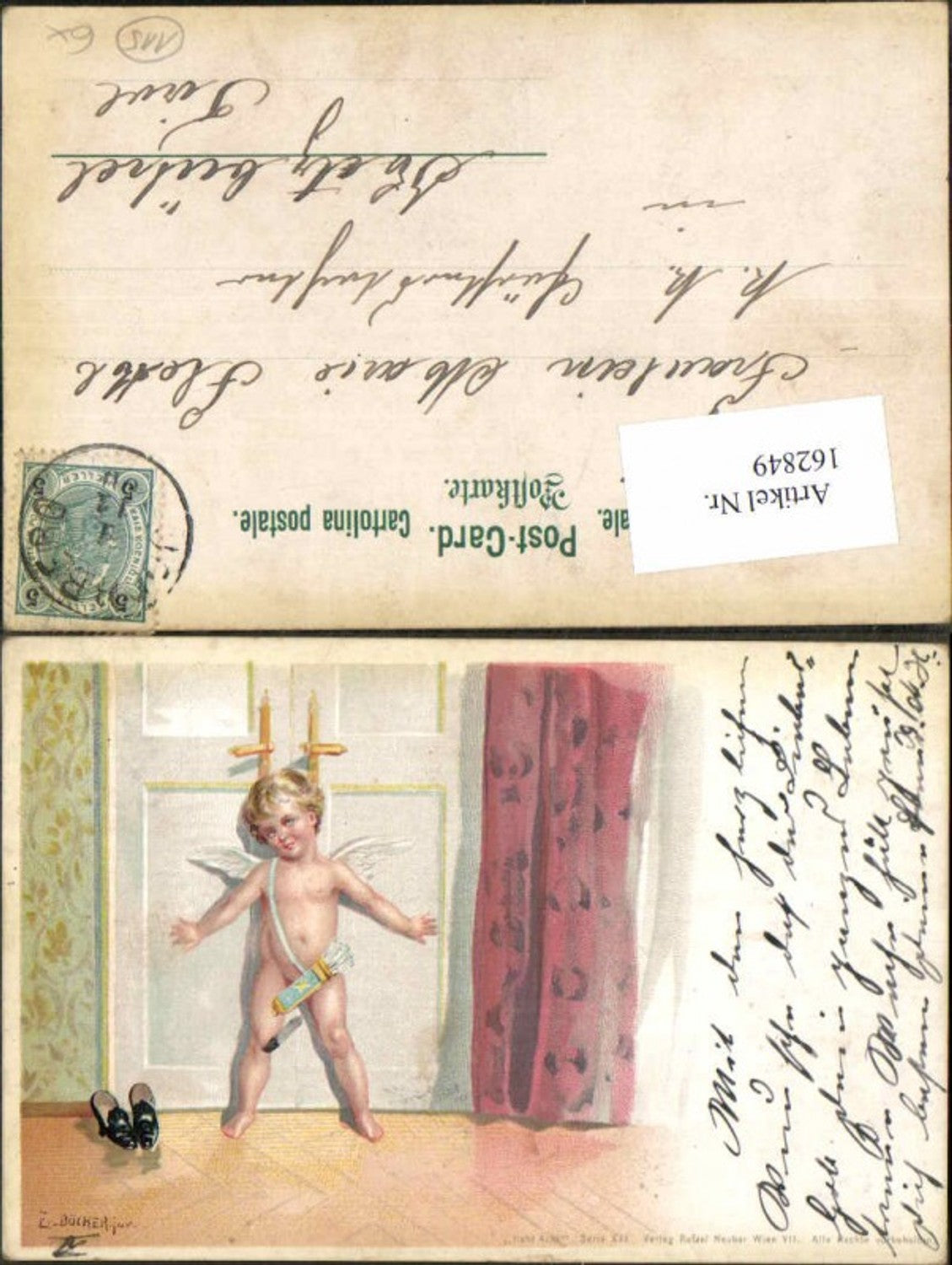 162849, Artist AK E. Döcker jun. Cupid Angel Lithograph