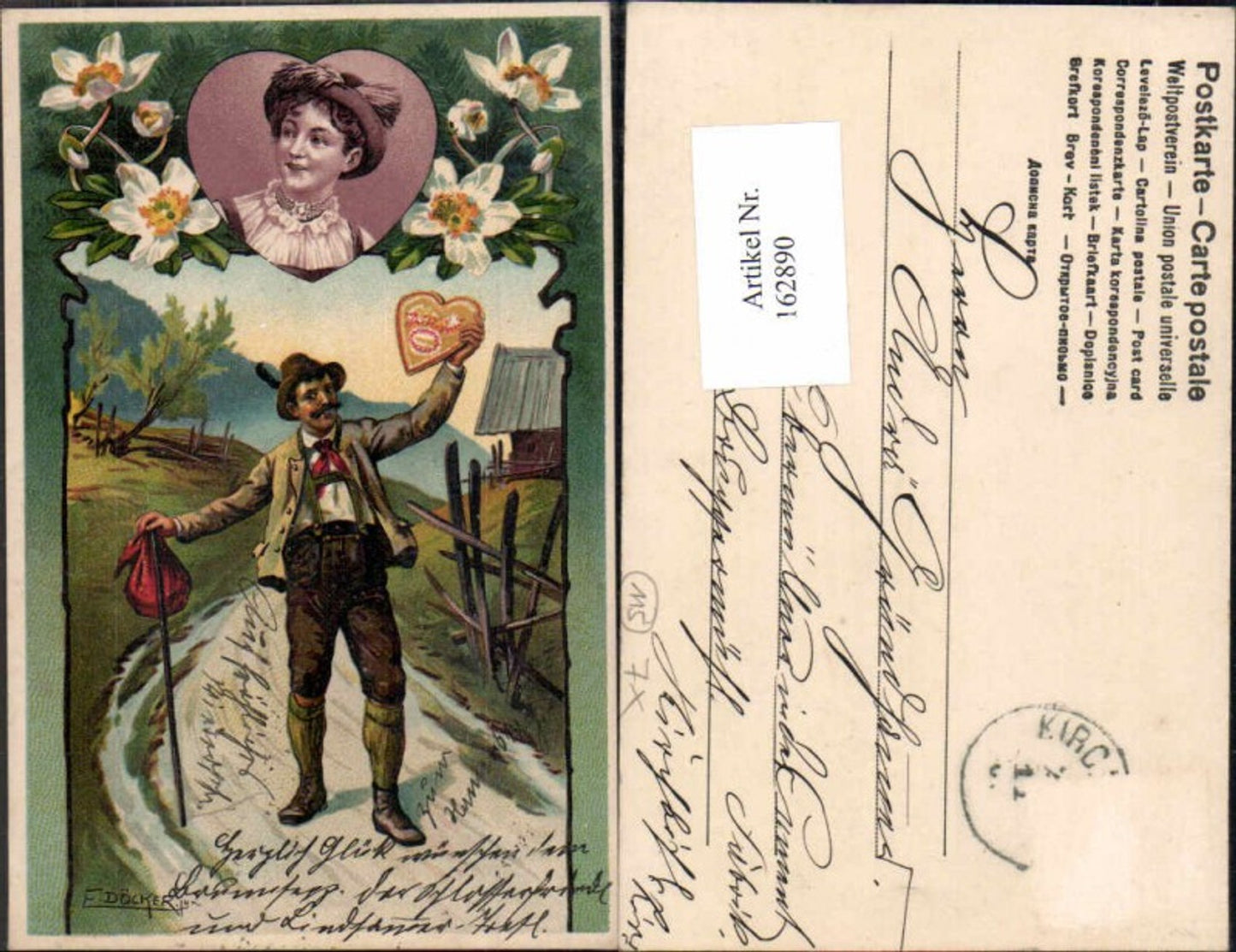 162890,Künstler AK E. Döcker jun. Litho Herz Lebkuchen Tracht