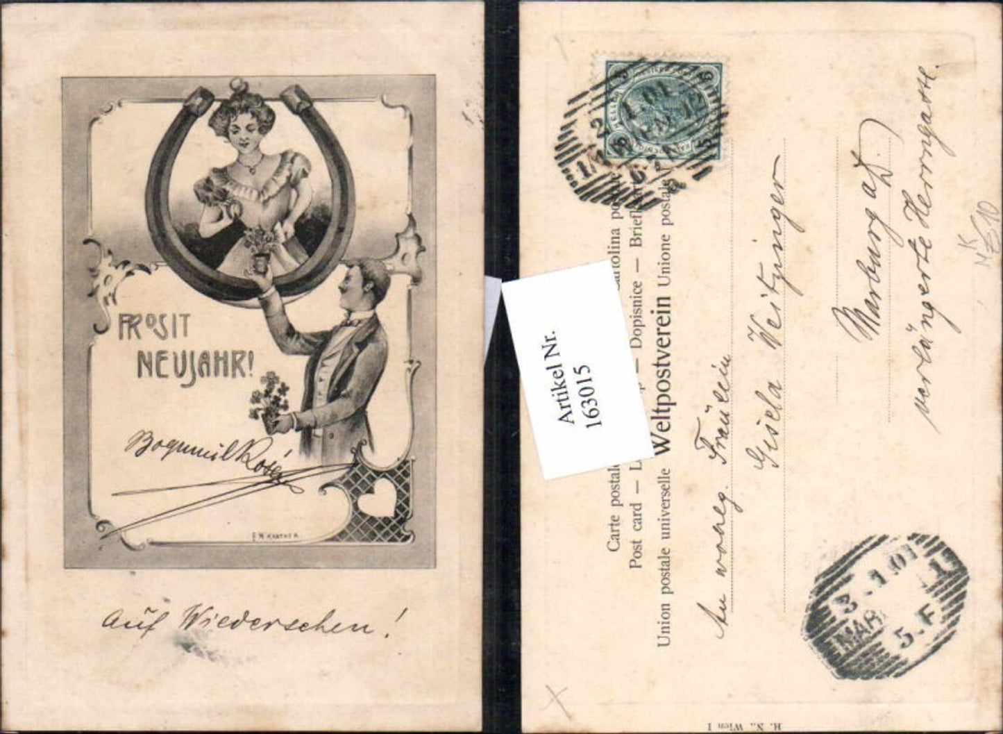 163015,Künstler AK E. M. Kantner Art Nouveau Jugendstil Hufeisen Frau