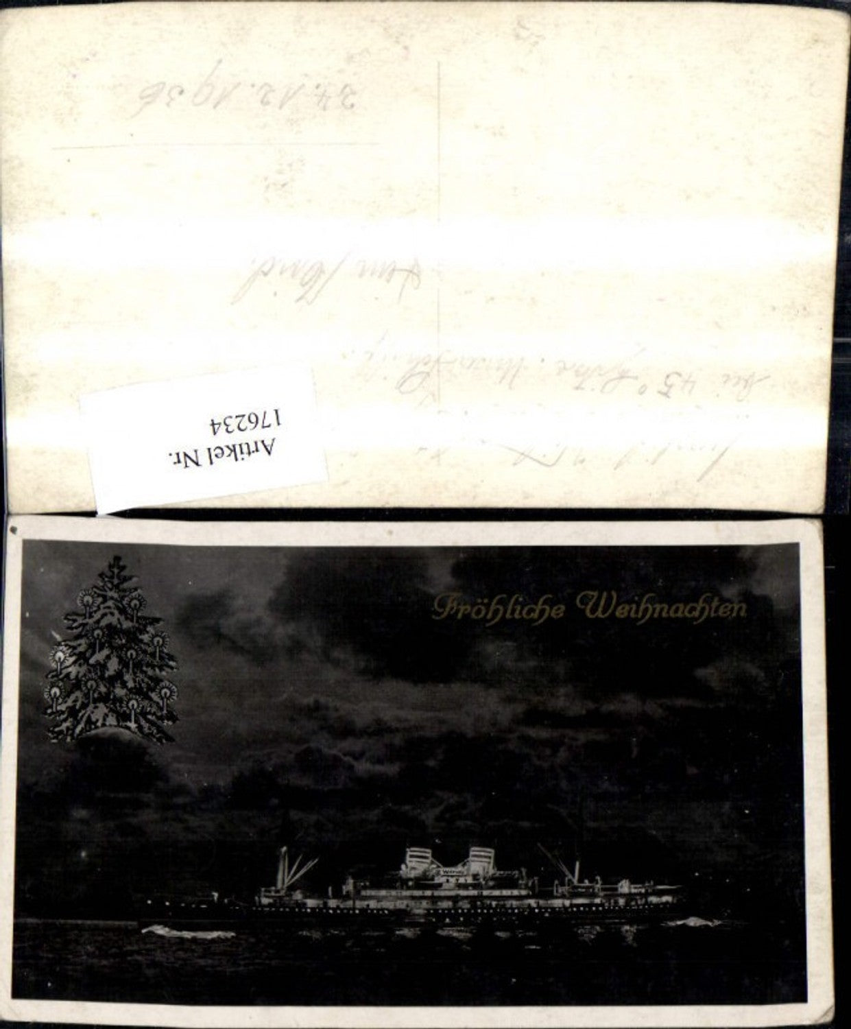 176234,Schiff Watubi Fröhliche Weihnachten Afrika 1936 Fotomontage Weihnachtsbaum