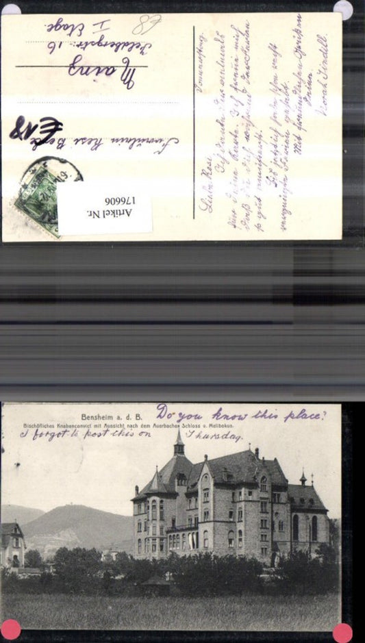 176606,Bensheim a. d. Bergstrasse Bischöfliches Knabenconvict m. Aussicht n. d. Auerbacher Schloss u. Melibokus