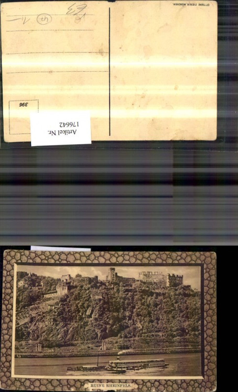 176642,Sankt Goar Ruine Rheinfels Passepartout Ak m. Schiff Dampfer pub Ottmar Zieher