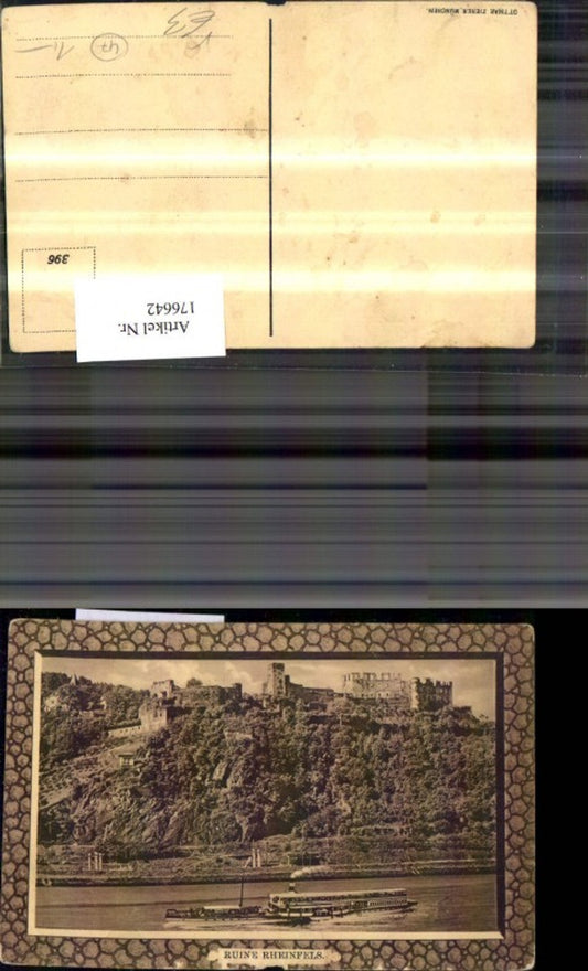 176642,Sankt Goar Ruine Rheinfels Passepartout Ak m. Schiff Dampfer pub Ottmar Zieher