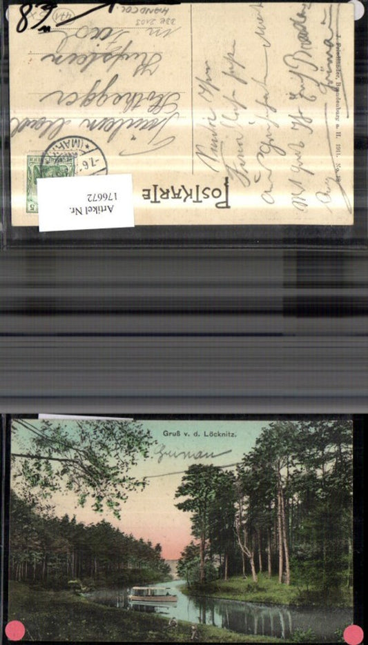 176672,Gruß v. d. Löcknitz Ansicht m. Boot Personen Handcoloriert